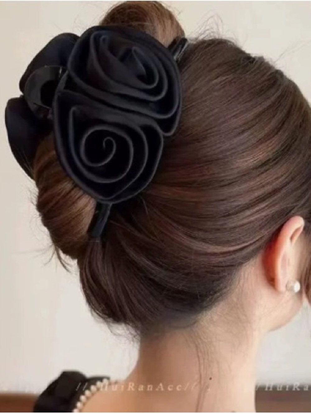 Black Rose Satin Hair Clip for Women - Elegant Floral Bun Accessory